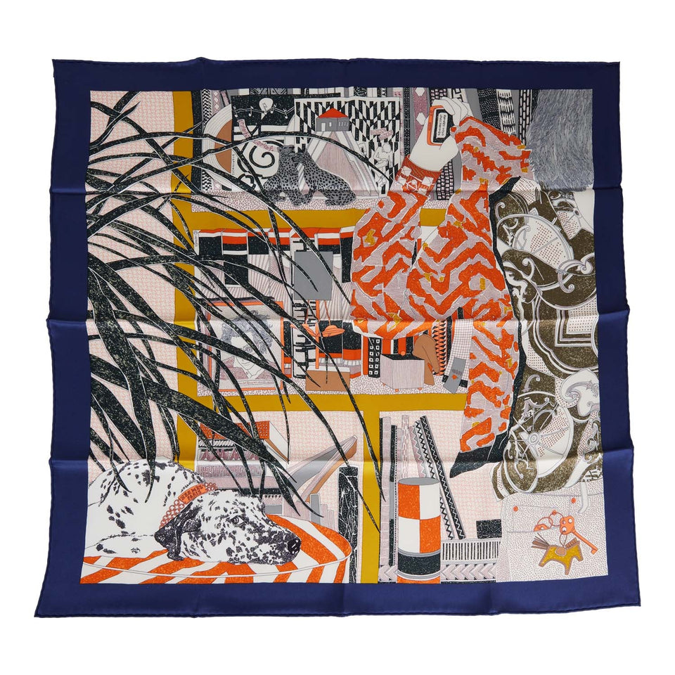 Hermes "Rendez-Vous Chez" Blue Marine Silk Twill Scarf 70cm
