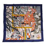 Hermes "Rendez-Vous Chez" Blue Marine Silk Twill Scarf 70cm