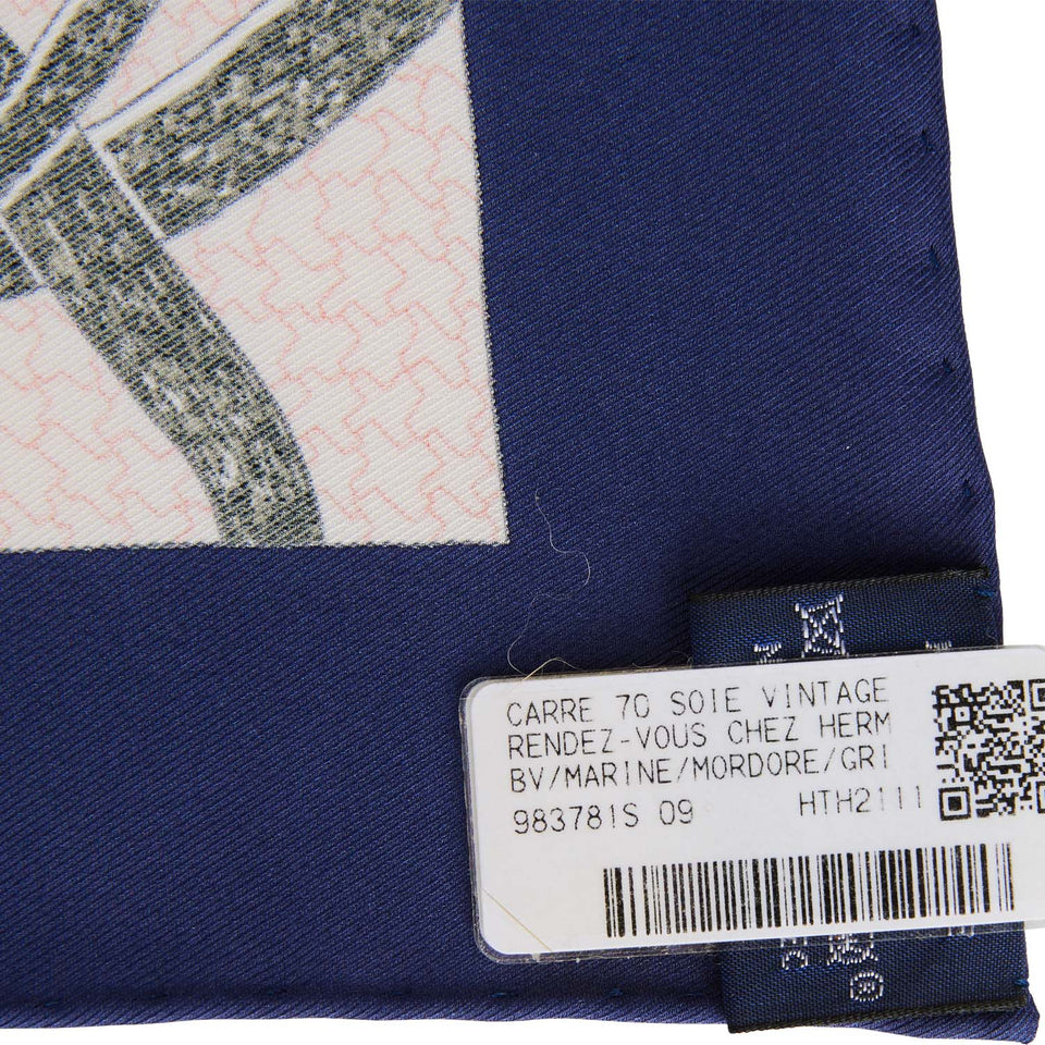 Hermes "Rendez-Vous Chez" Blue Marine Silk Twill Scarf 70cm