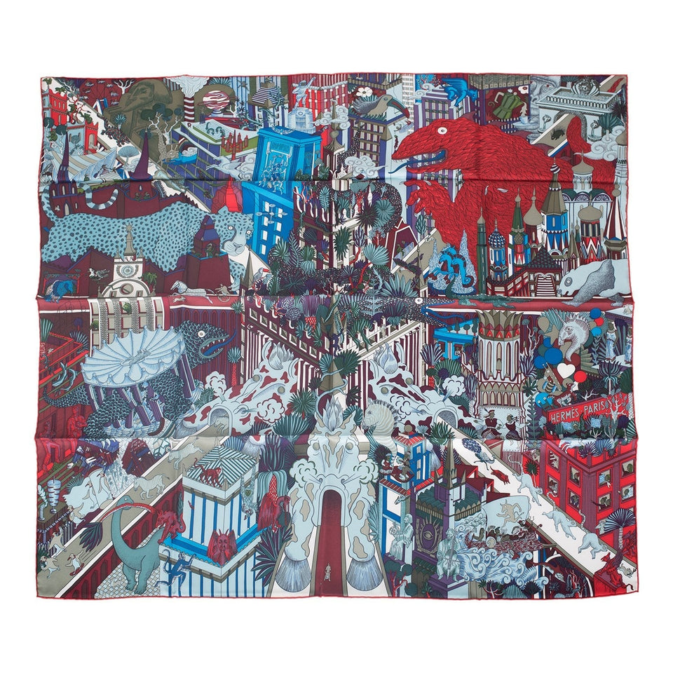 Hermes "Animapolis" Bordeaux Silk Twill Scarf 90cm
