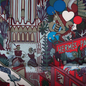 Hermes "Animapolis" Bordeaux Silk Twill Scarf 90cm