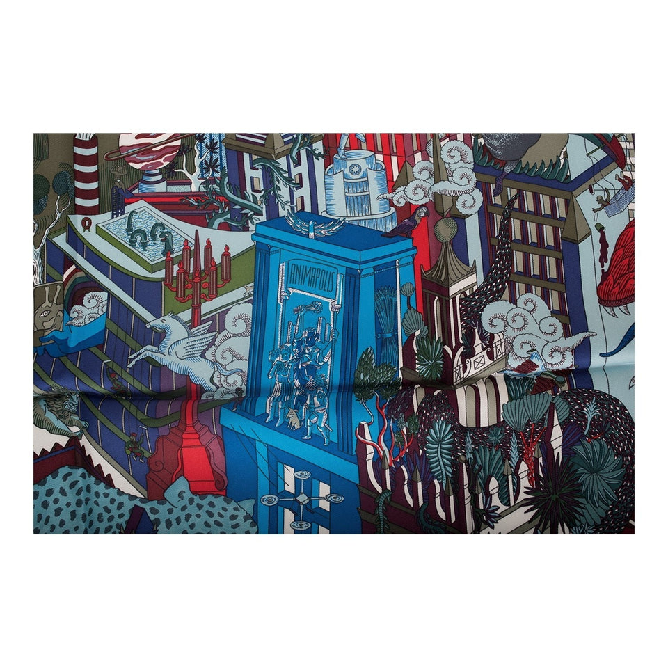 Hermes "Animapolis" Bordeaux Silk Twill Scarf 90cm