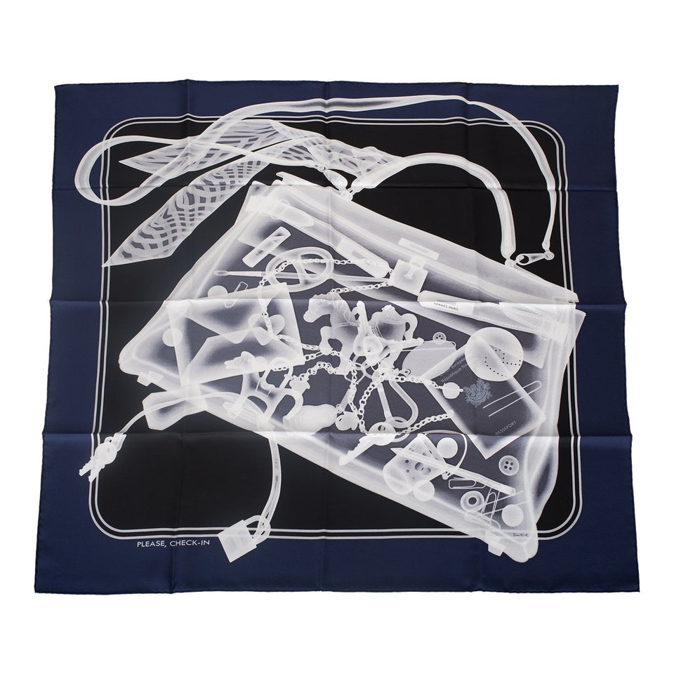 Hermes "Please, Check In" Marine Silk Twill Scarf 90cm