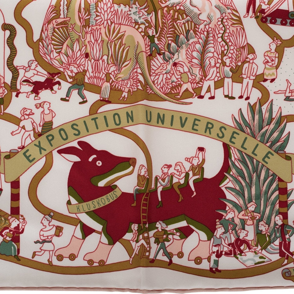 Hermes "Exposition Universelle" White Silk Twill Scarf 90cm