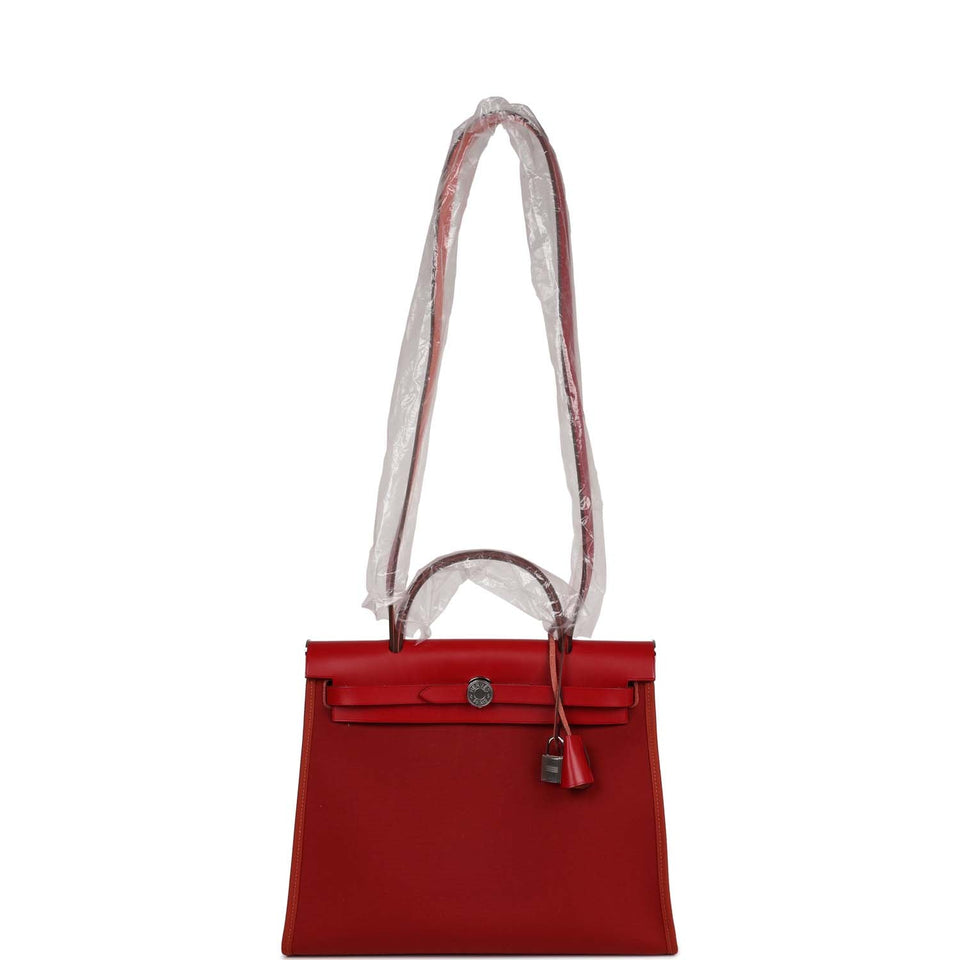 Hermes Herbag Zip 31 Rouge Venetian/Rouge Piment/Rose Extreme Toile H and Vache Hunter Palladium Hardware