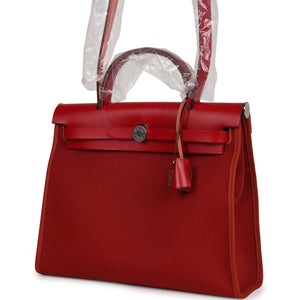 Hermes Herbag Zip 31 Rouge Venetian/Rouge Piment/Rose Extreme Toile H and Vache Hunter Palladium Hardware
