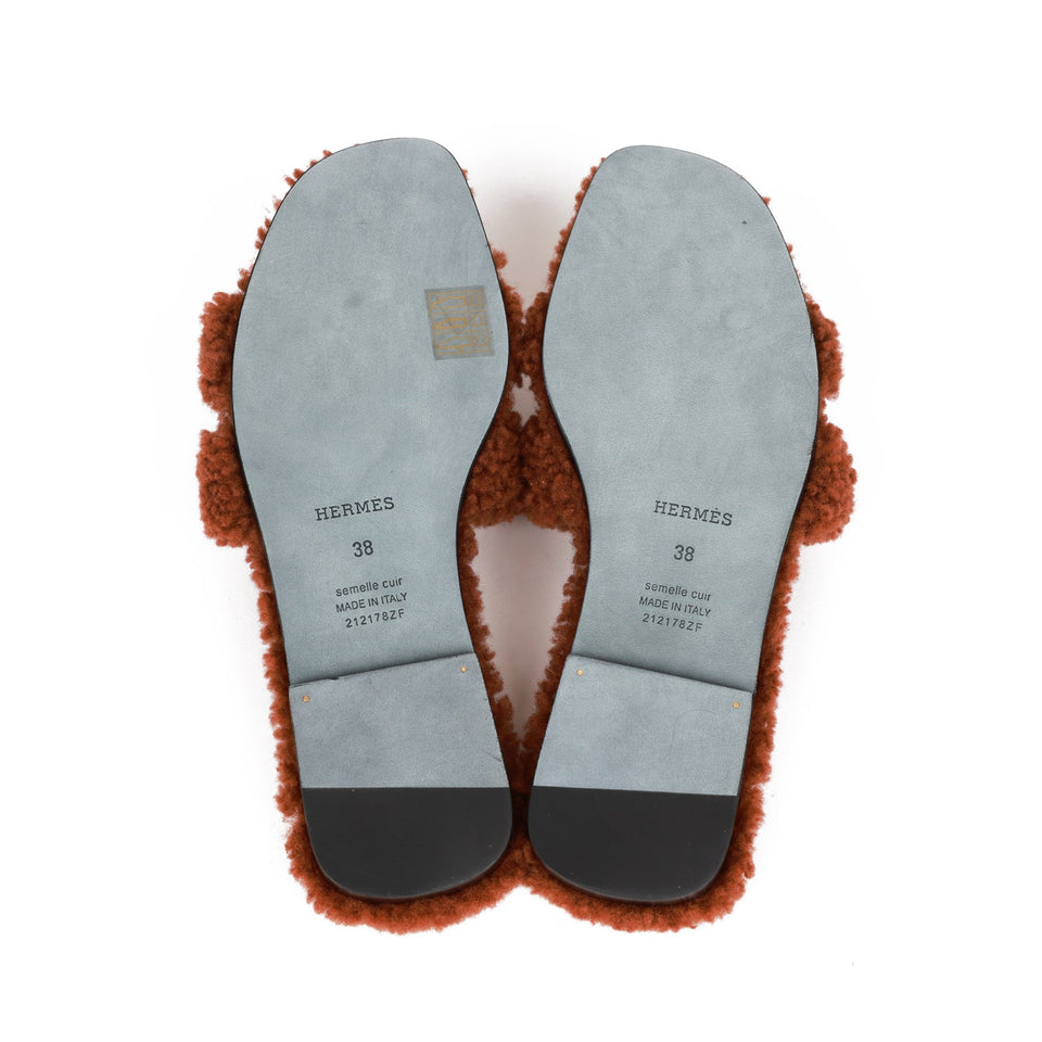 Hermes Oran Sandals Cognac Woolskin 38