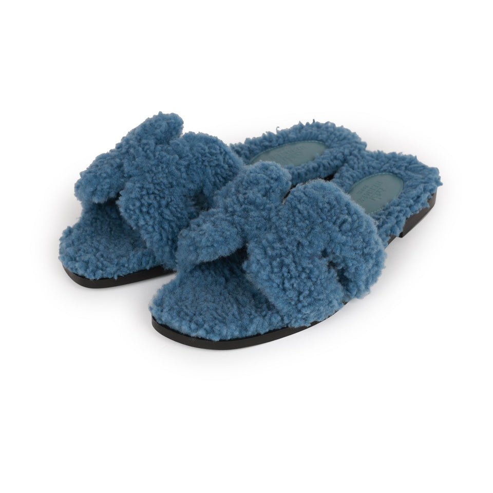 Hermes Oran Sandals Bleu Woolskin 36