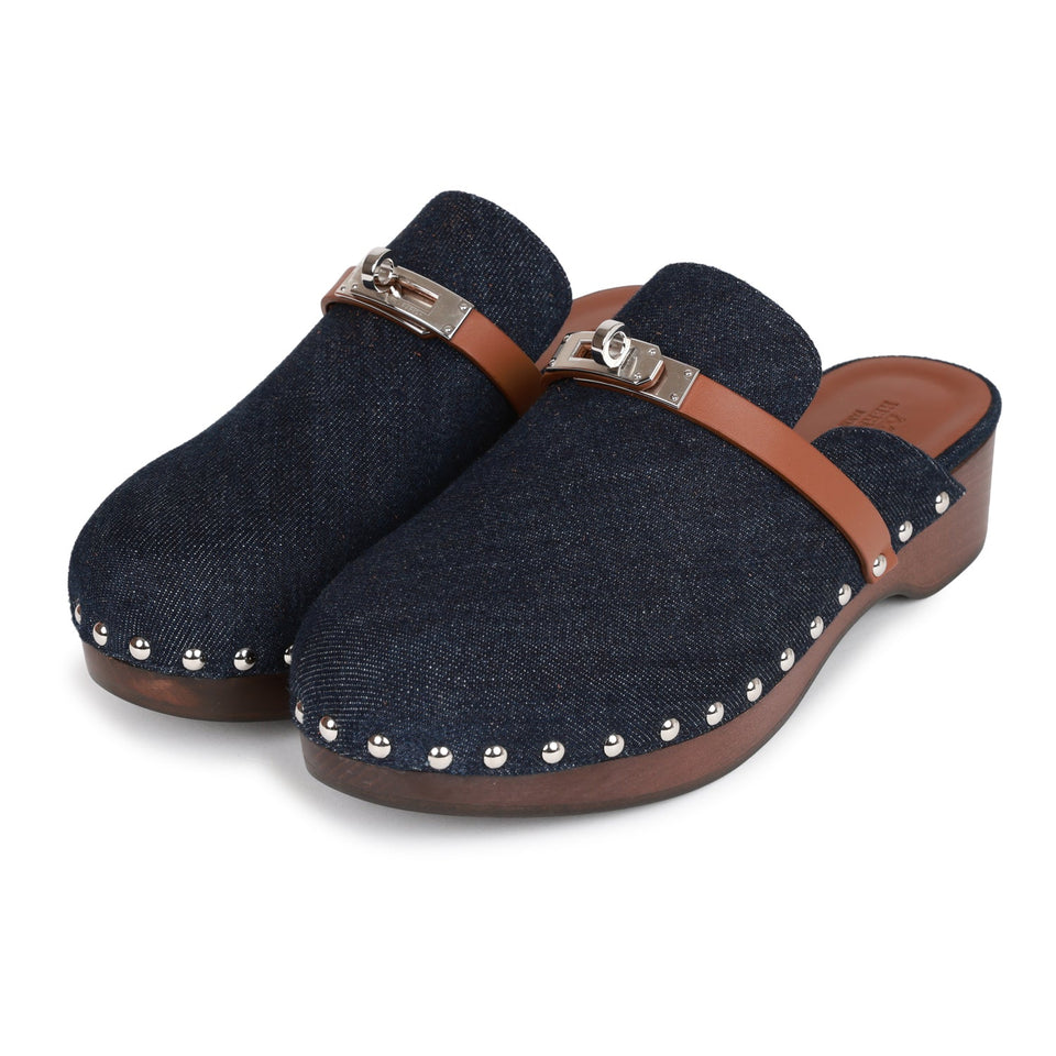 Hermes Carlotta Mule Bleu Brut Denim and Gold Calfskin