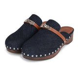 Hermes Carlotta Mule Bleu Brut Denim and Gold Calfskin