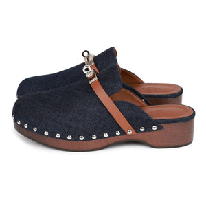 Hermes Carlotta Mule Bleu Brut Denim and Gold Calfskin