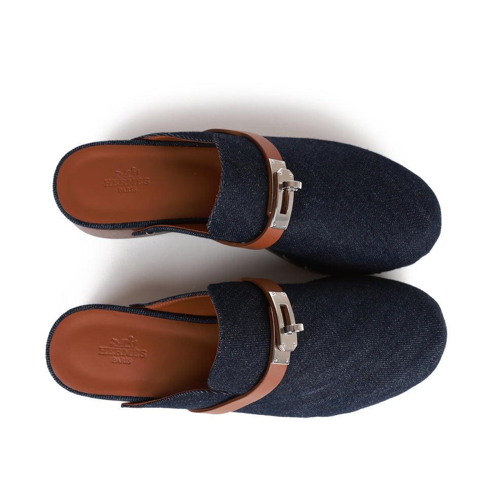 Hermes Carlotta Mule Bleu Brut Denim and Gold Calfskin