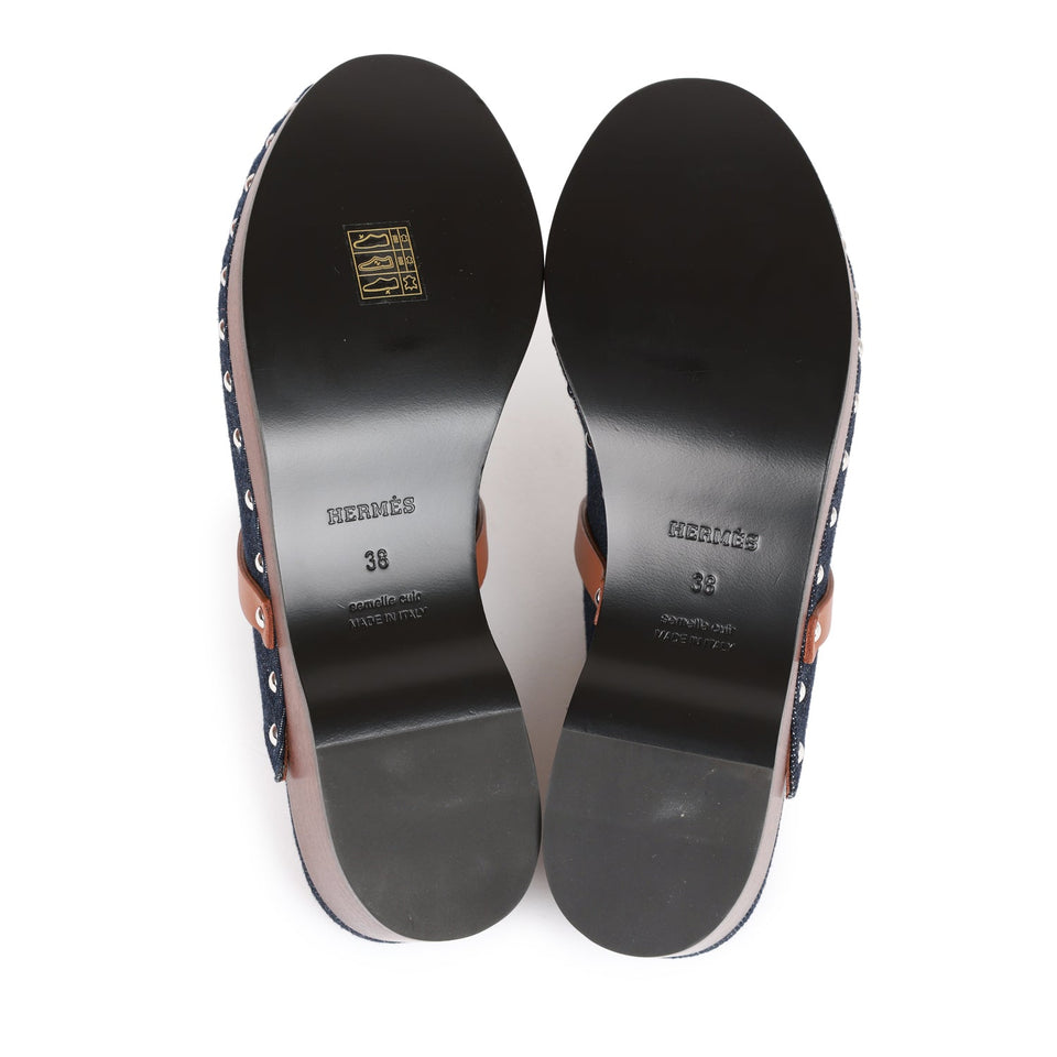 Hermes Carlotta Mule Bleu Brut Denim and Gold Calfskin