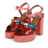 Hermes Calas High Heel Sandals Rouge H and Bleu Izmir Matte Alligator and Pink Lizard 37.5