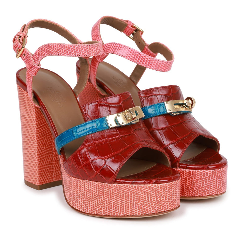 Hermes Calas High Heel Sandals Rouge H and Bleu Izmir Matte Alligator and Pink Lizard 37.5