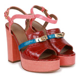 Hermes Calas High Heel Sandals Rouge H and Bleu Izmir Matte Alligator and Pink Lizard 37.5