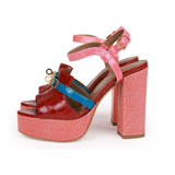 Hermes Calas High Heel Sandals Rouge H and Bleu Izmir Matte Alligator and Pink Lizard 37.5
