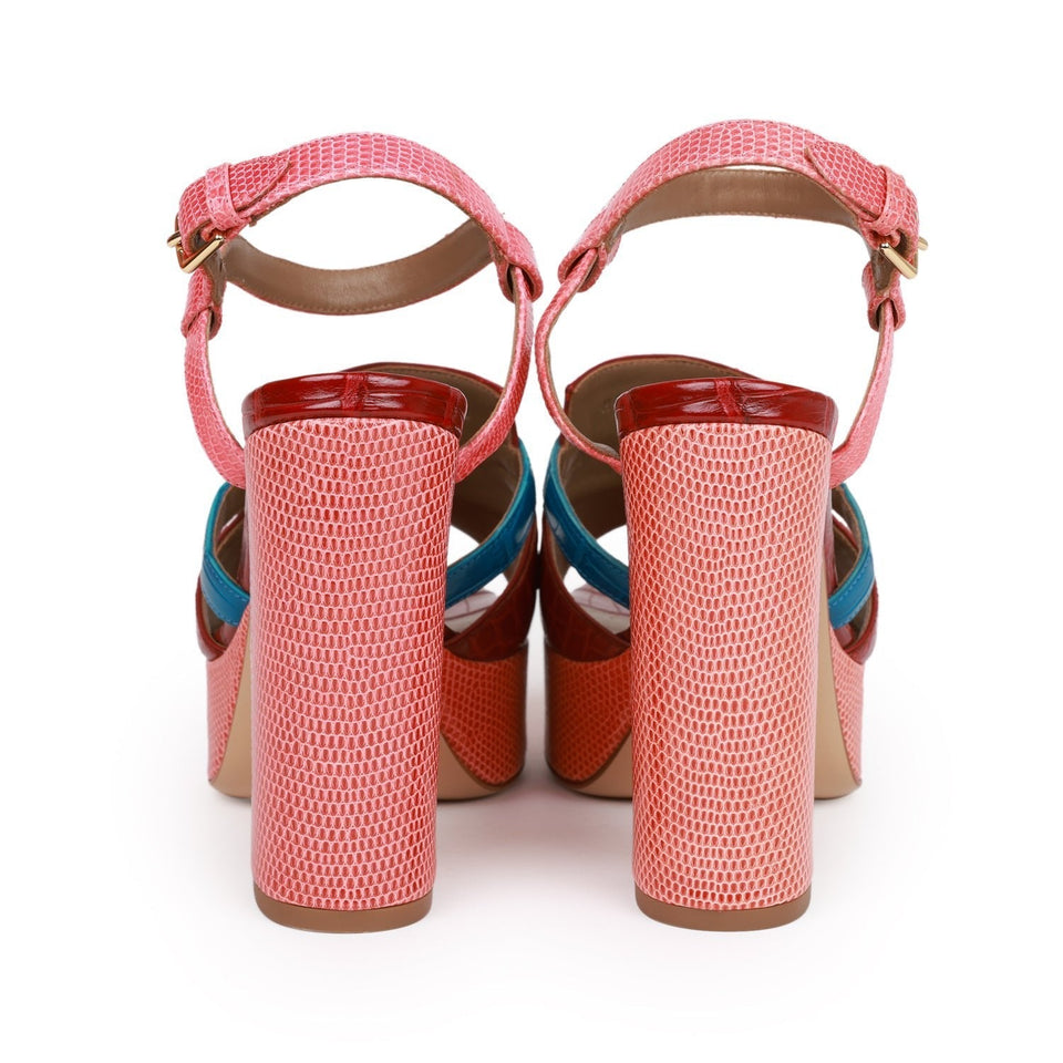 Hermes Calas High Heel Sandals Rouge H and Bleu Izmir Matte Alligator and Pink Lizard 37.5