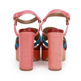 Hermes Calas High Heel Sandals Rouge H and Bleu Izmir Matte Alligator and Pink Lizard 37.5