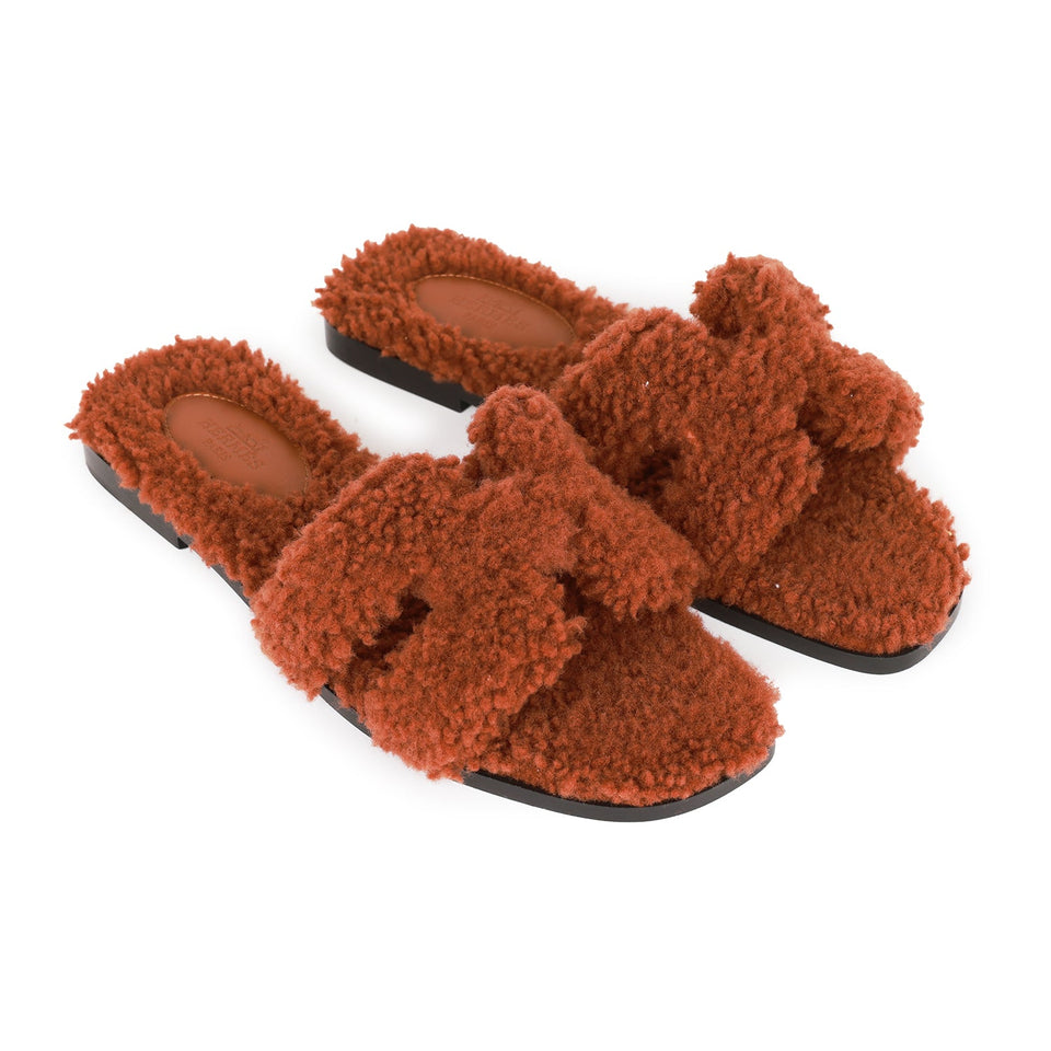 Hermes Oran Sandals Cognac Woolskin 36.5