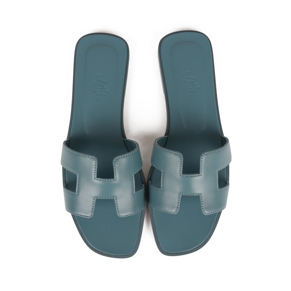 Hermes Oran Sandals Bleu Pinede Box Calfskin 38