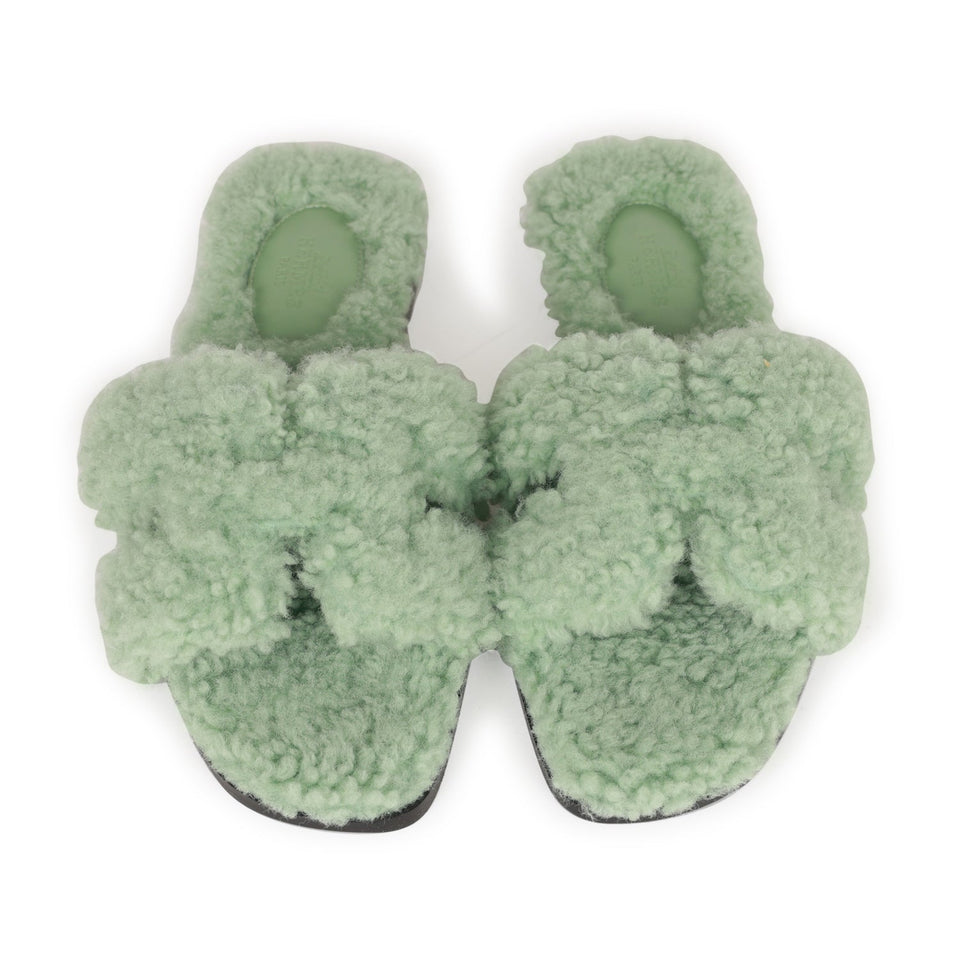 Hermes Oran Sandals Vert D'eau Woolskin 35