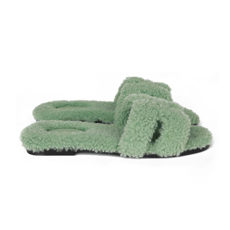 Hermes Oran Sandal Vert D'eau Shearling 38.5