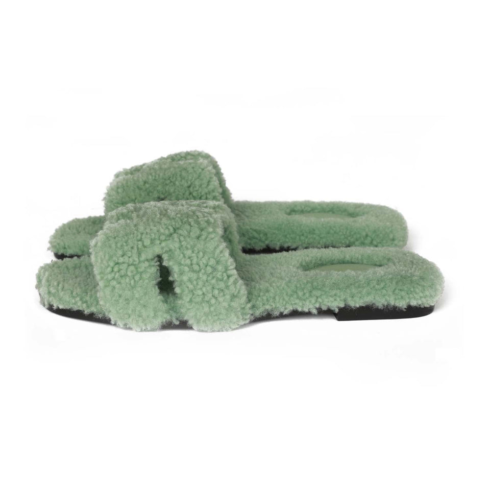 Hermes Oran Sandal Vert D'eau Shearling 38.5