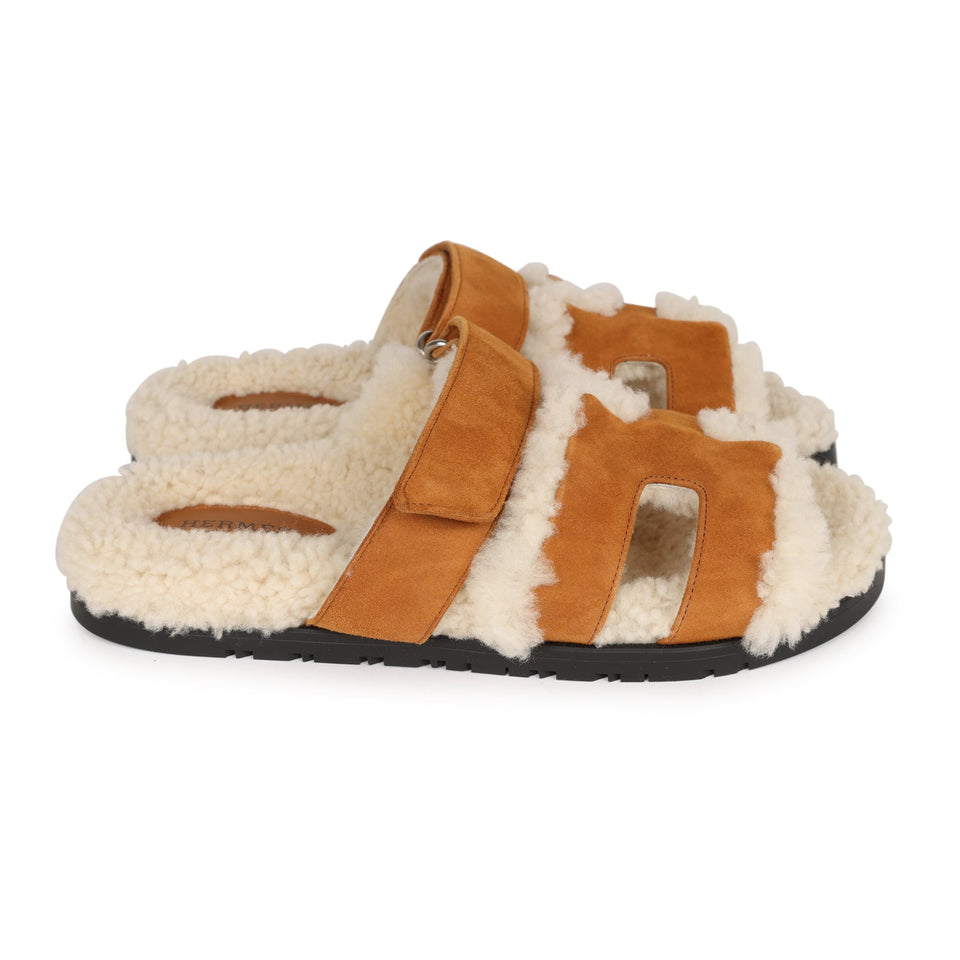 Hermes Chypre Teddy Sandals Kraft Suede 38 EU