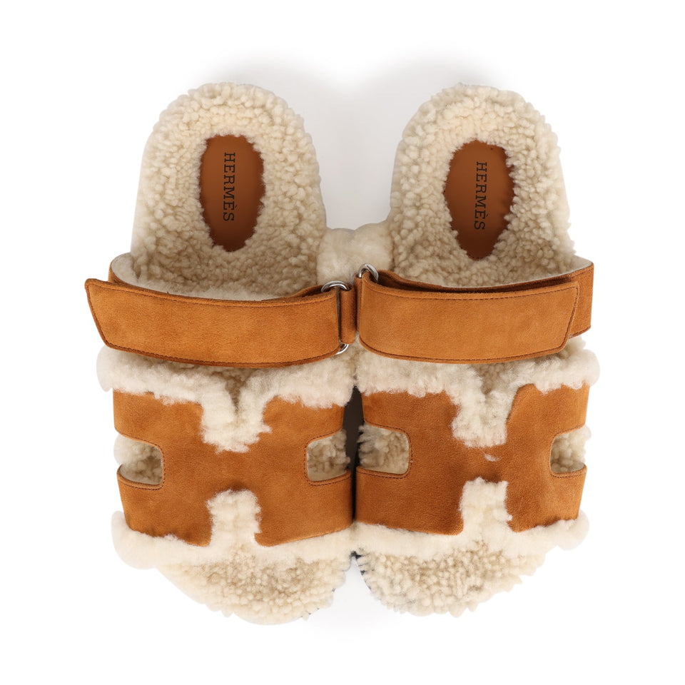 Hermes Chypre Teddy Sandals Kraft Suede 38 EU