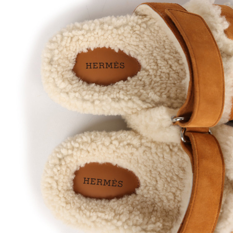 Hermes Chypre Teddy Sandals Kraft Suede 38 EU