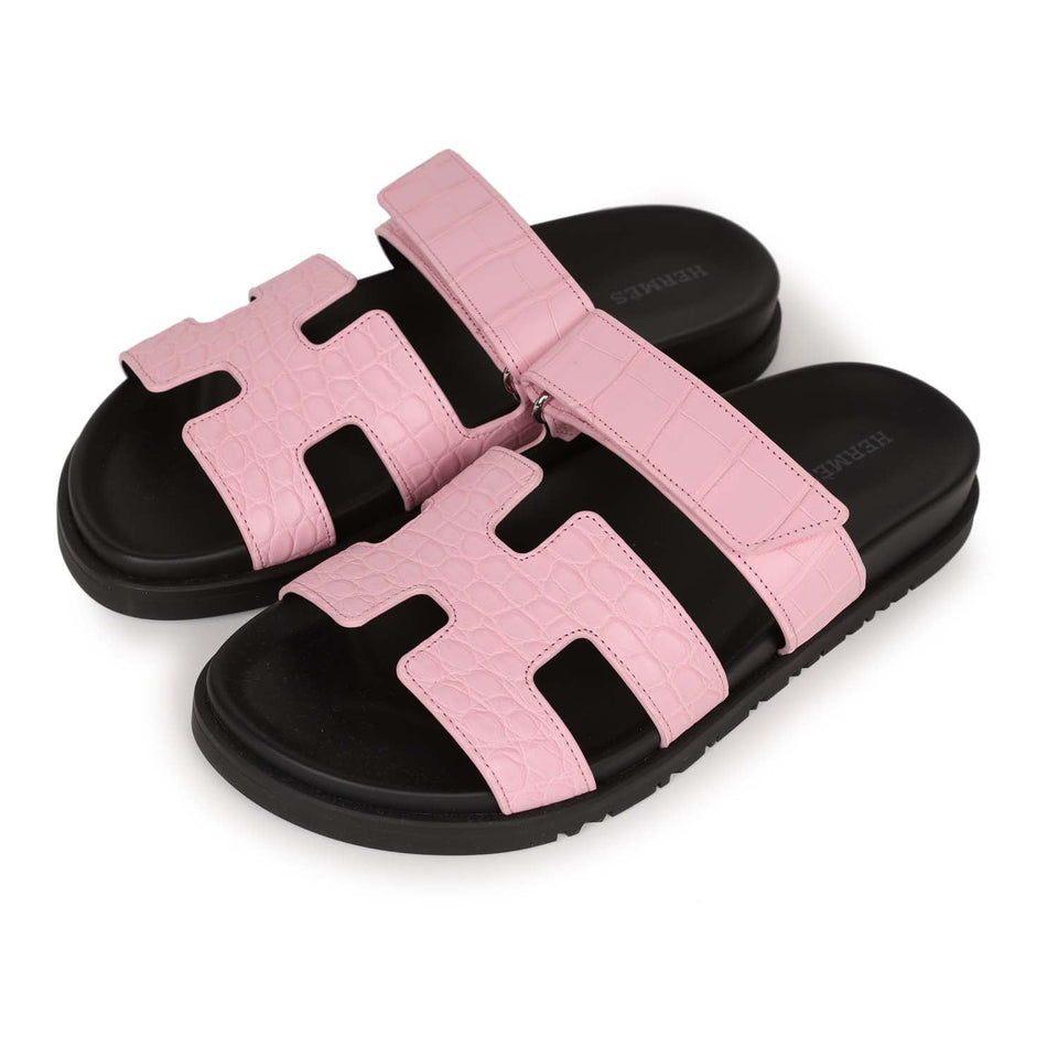 Hermes Chypre Techno Sandals Pink Matte Alligator Palladium Hardware 38