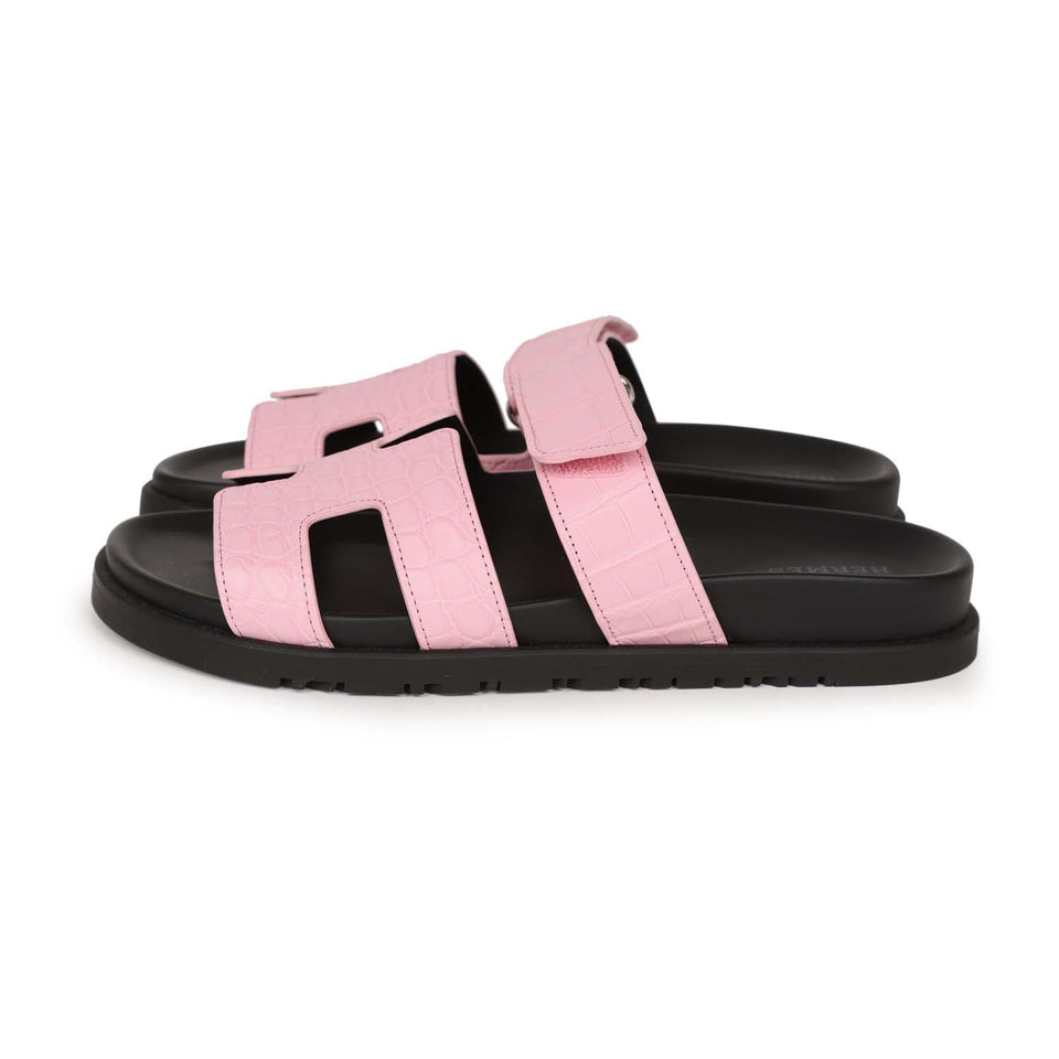 Hermes Chypre Techno Sandals Pink Matte Alligator Palladium Hardware 38