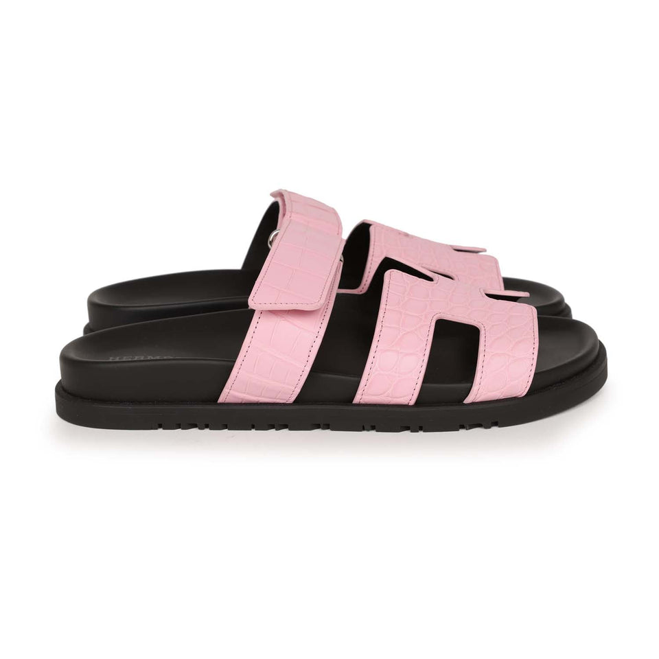 Hermes Chypre Techno Sandals Pink Matte Alligator Palladium Hardware 38