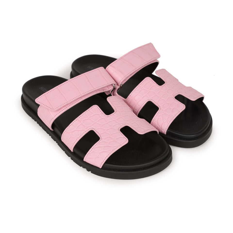 Hermes Chypre Techno Sandals Pink Matte Alligator Palladium Hardware 38