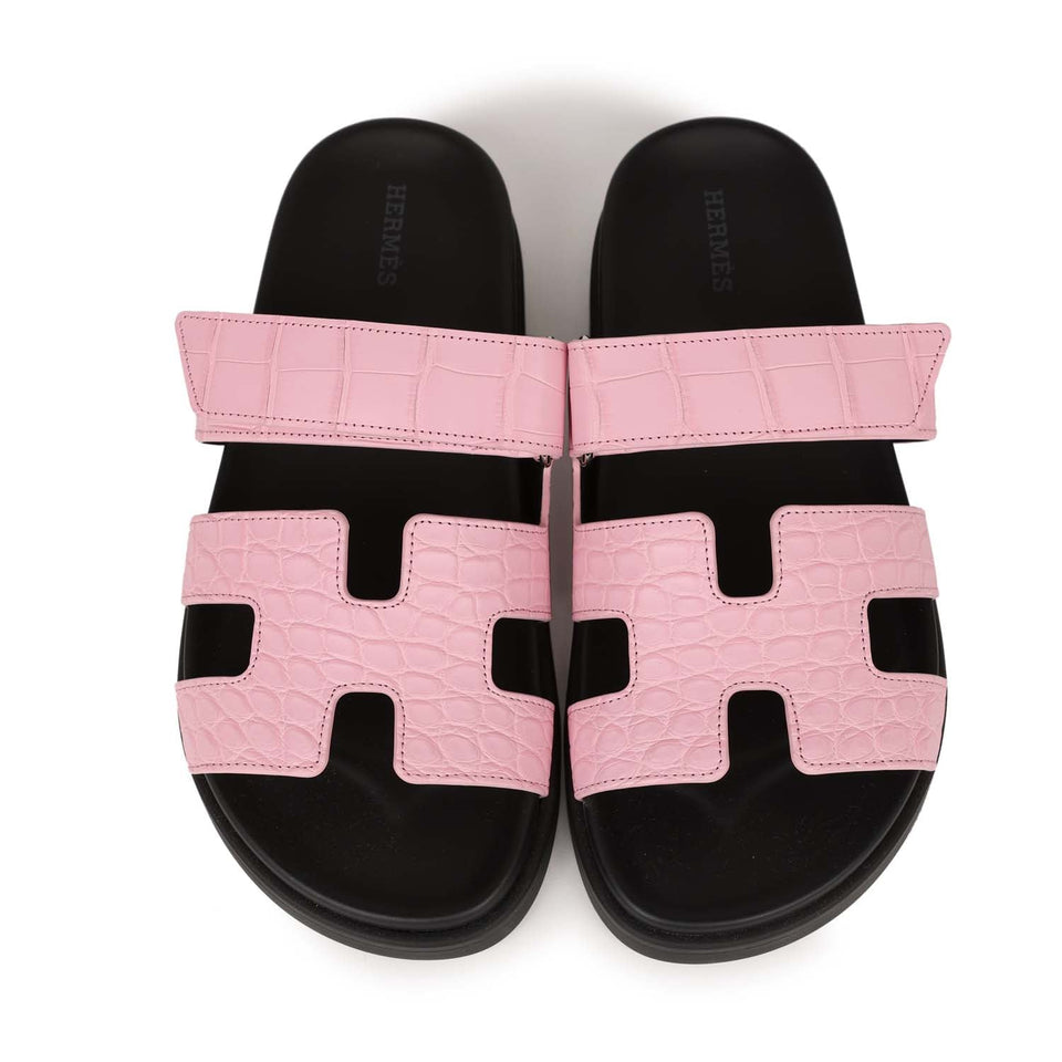 Hermes Chypre Techno Sandals Pink Matte Alligator Palladium Hardware 38