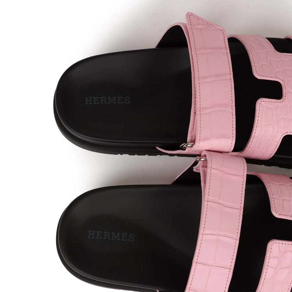 Hermes Chypre Techno Sandals Pink Matte Alligator Palladium Hardware 38