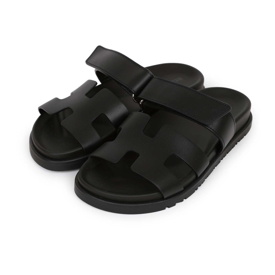 Hermes Chypre Techno Sandals Black Calfskin Palladium Hardware 35