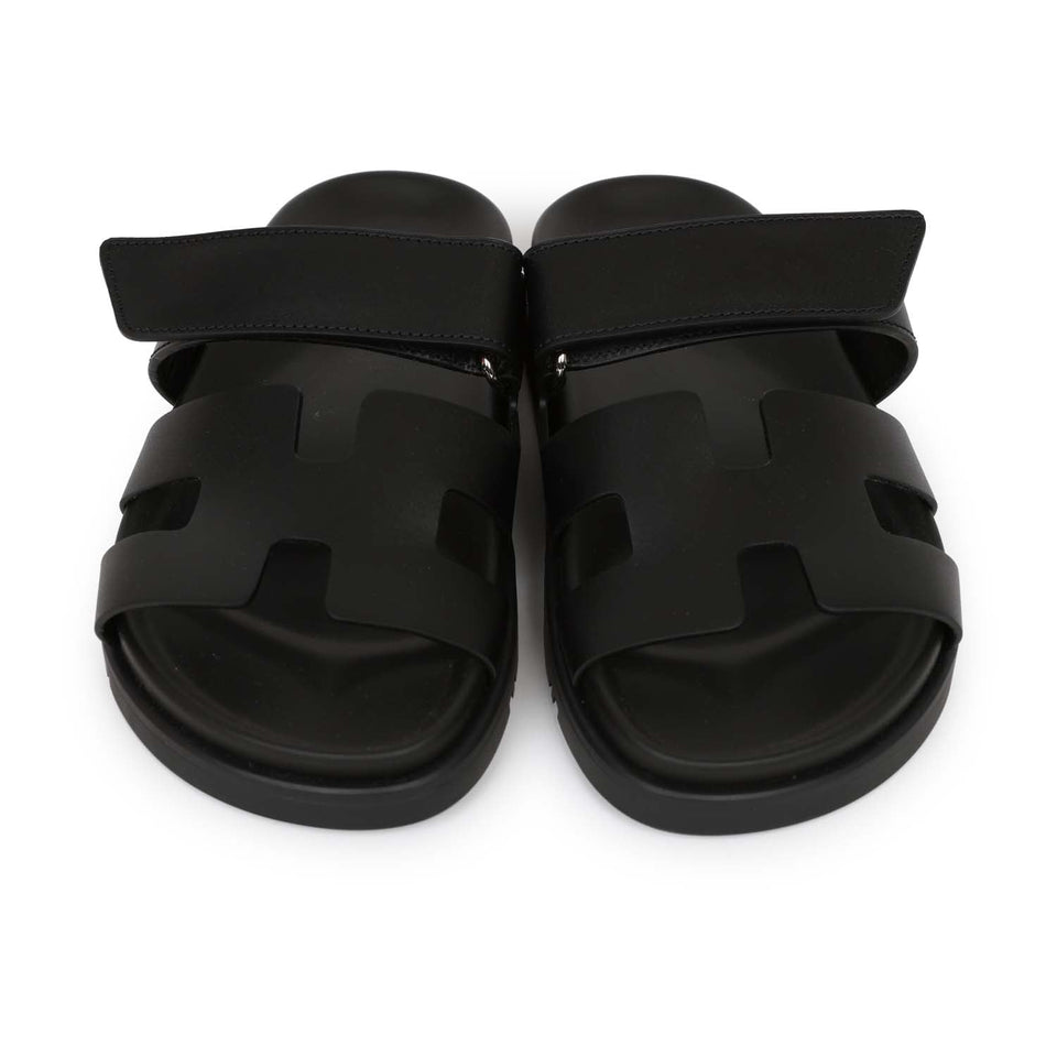 Hermes Chypre Techno Sandals Black Calfskin Palladium Hardware 35