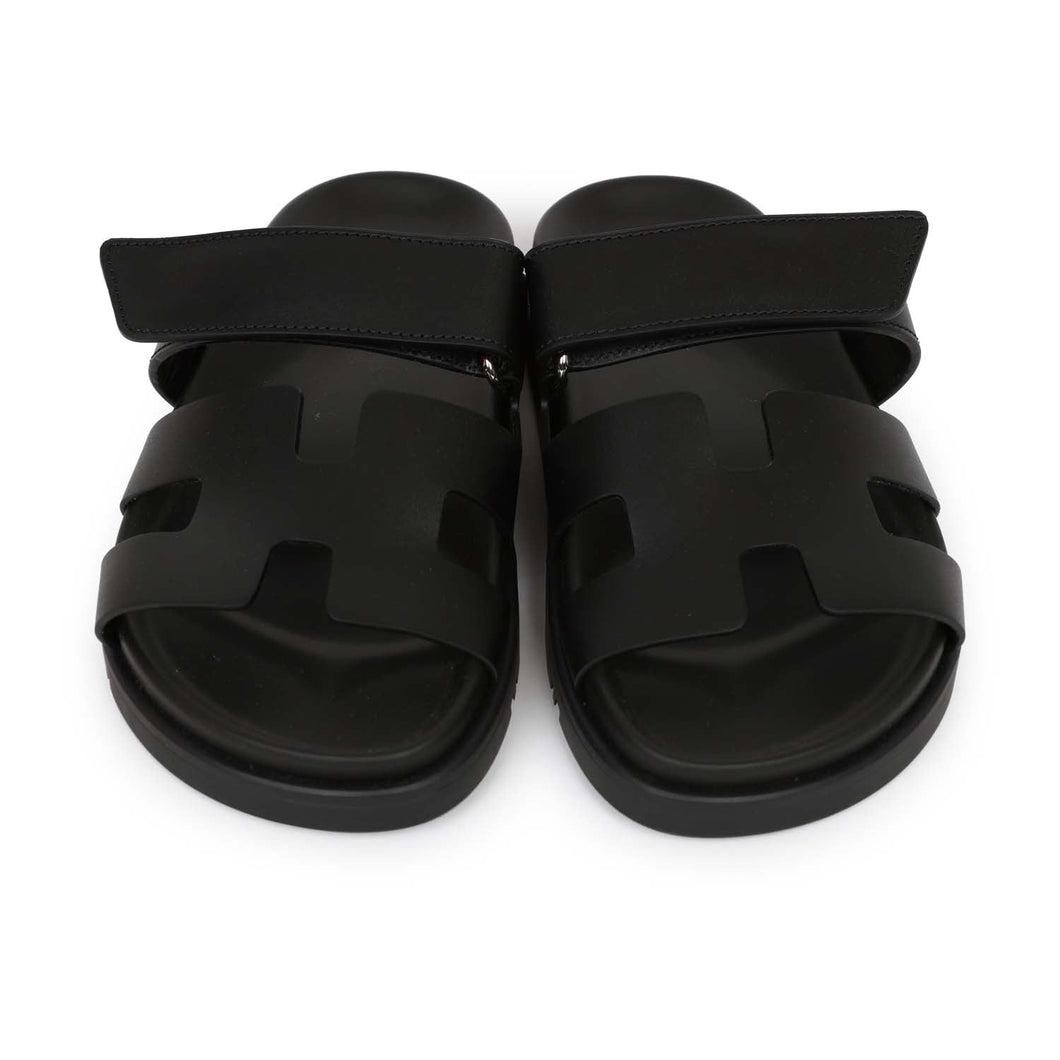 Hermes Chypre Techno Sandals Black Calfskin Palladium Hardware 35