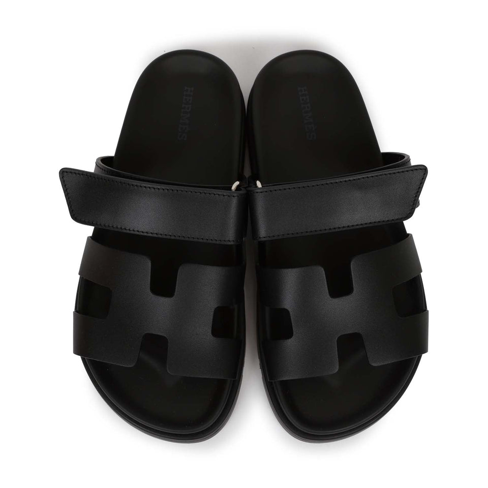 Hermes Chypre Techno Sandals Black Calfskin Palladium Hardware 35