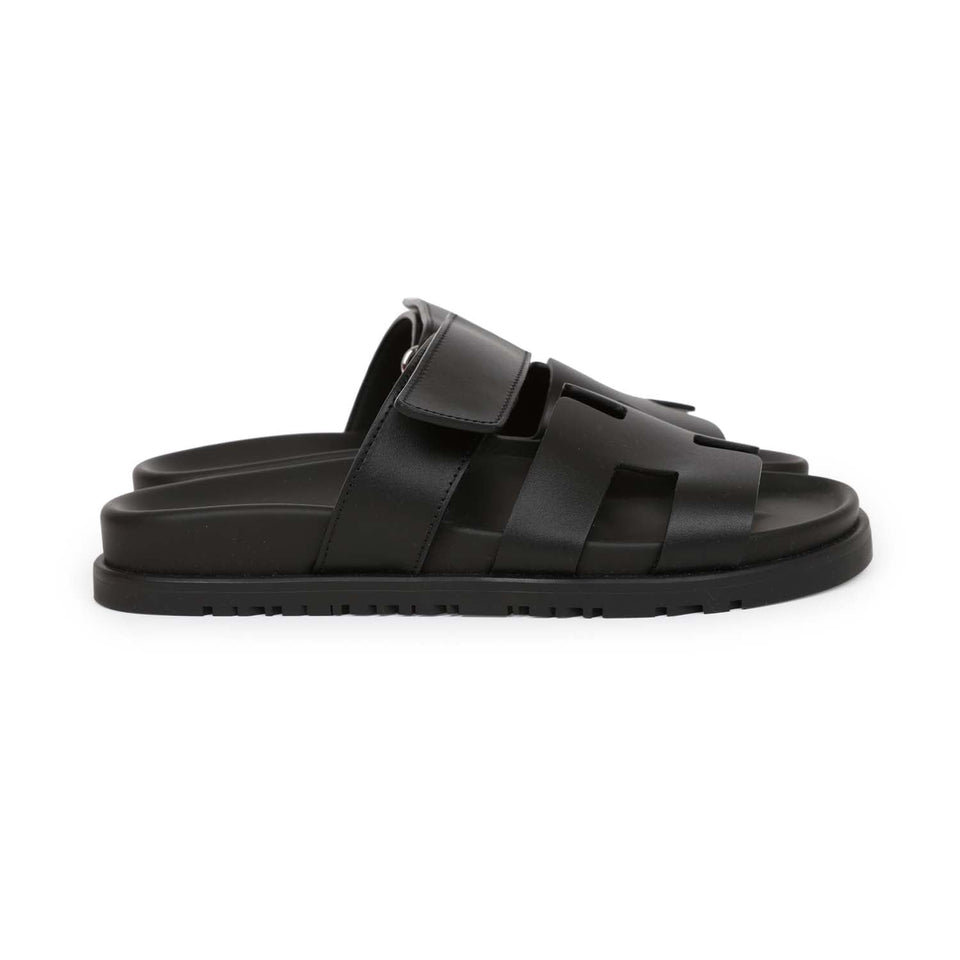 Hermes Chypre Techno Sandals Black Calfskin Palladium Hardware 35