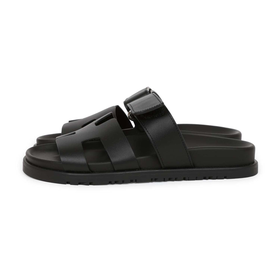 Hermes Chypre Techno Sandals Black Calfskin Palladium Hardware 35