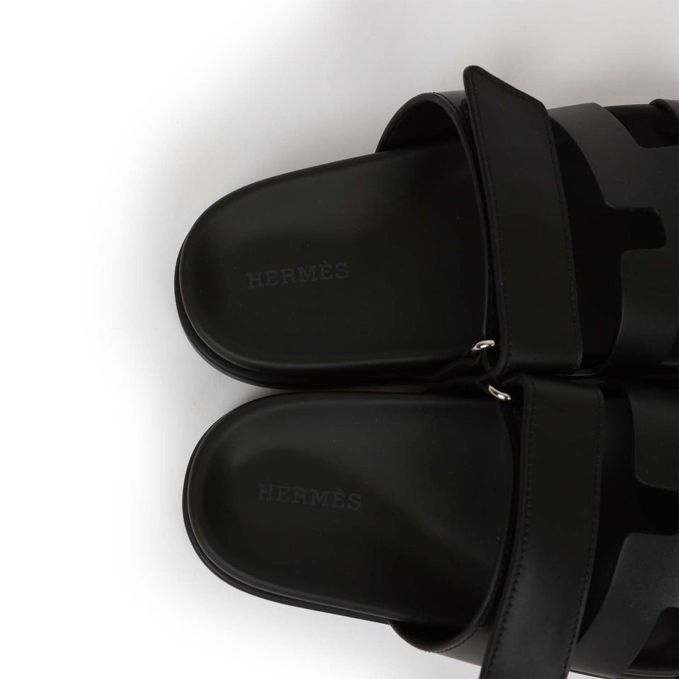 Hermes Chypre Techno Sandals Black Calfskin Palladium Hardware 35