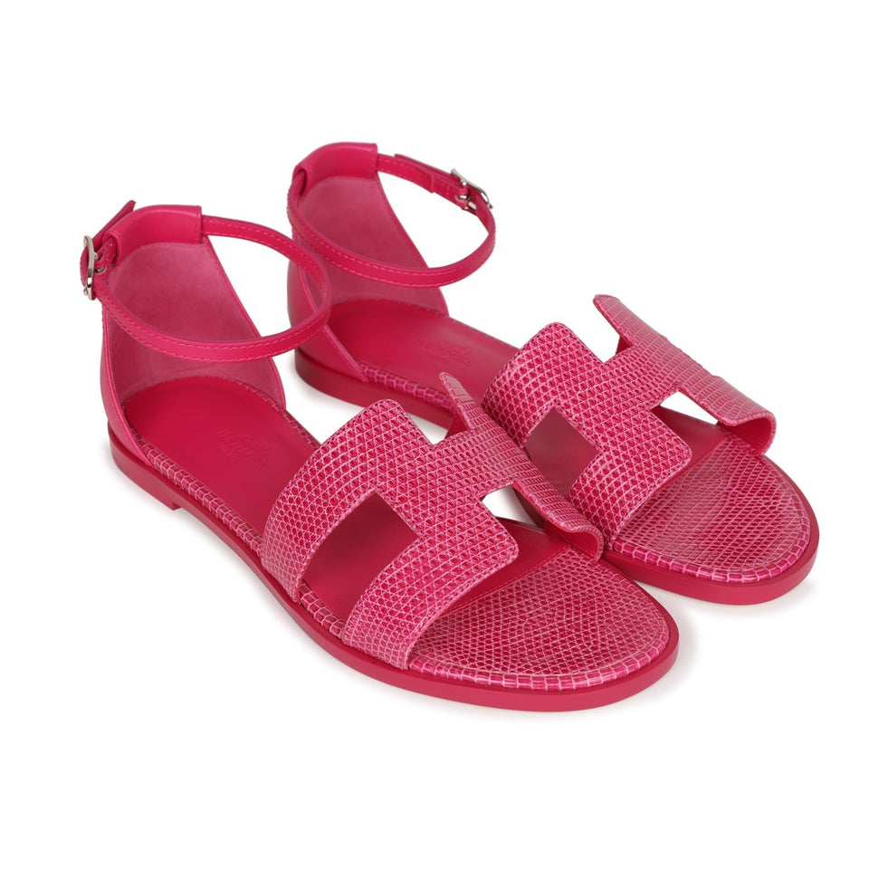 Hermes Santorini Sandals Rose Flash Lizard Palladium Hardware 36