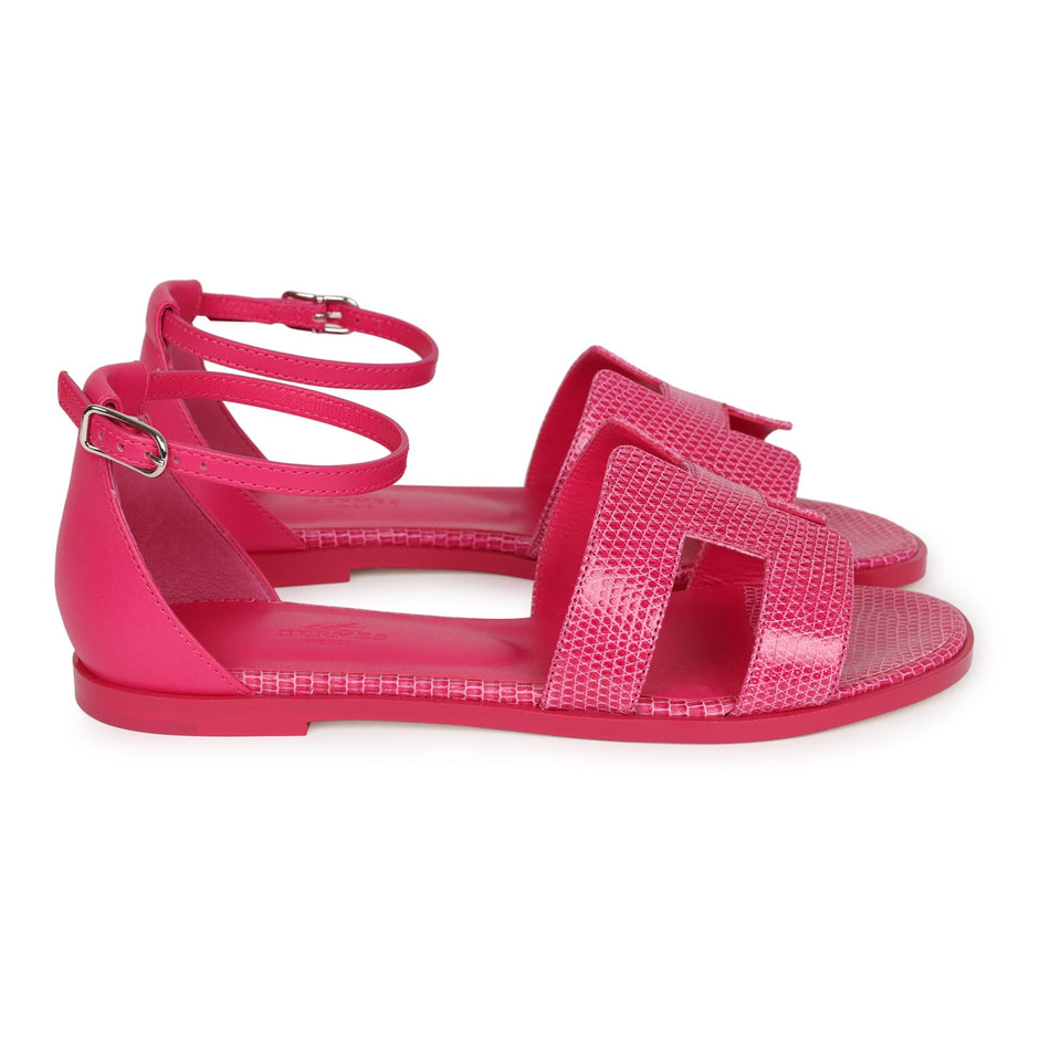 Hermes Santorini Sandals Rose Flash Lizard Palladium Hardware 36