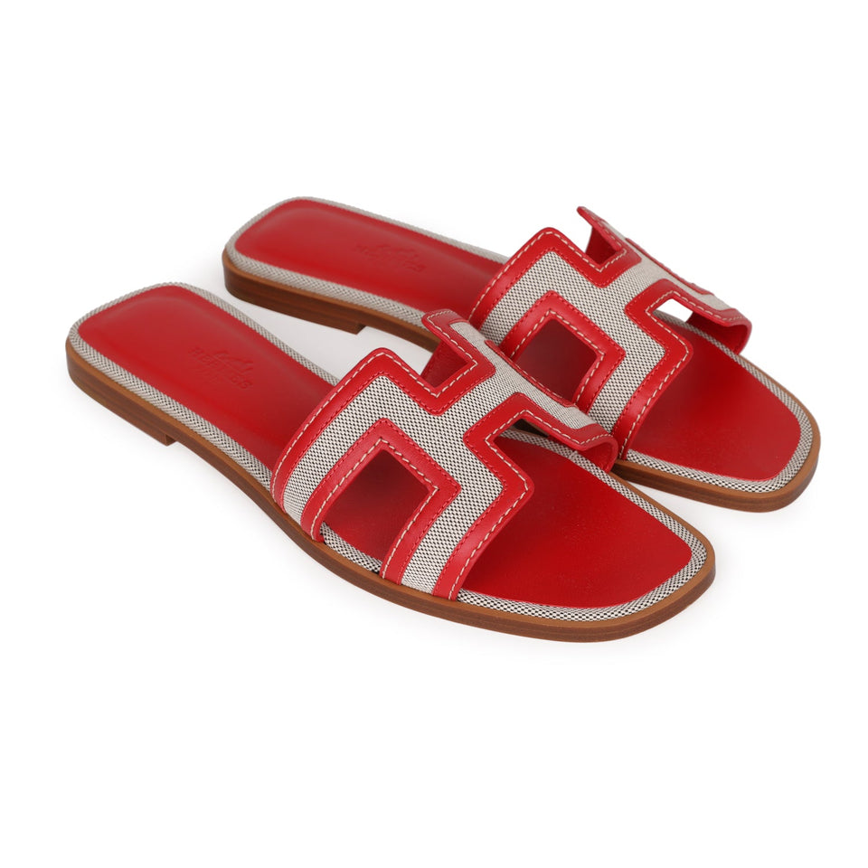 Hermes Oran Sandals Prunoir Rouge Canvas 38.5