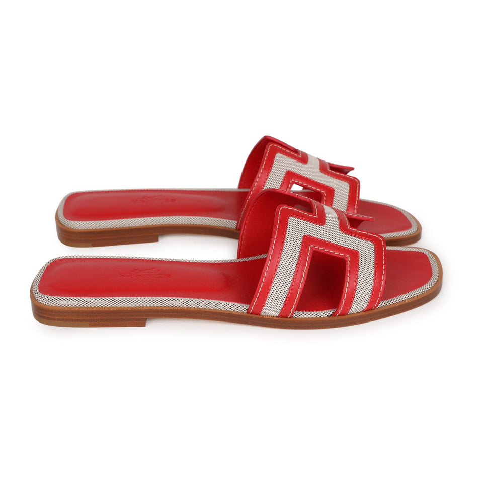 Hermes Oran Sandals Prunoir Rouge Canvas 38.5