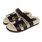 Hermes Chypre Techno Sandals Black and Ecru Shearling Palladium Hardware 37