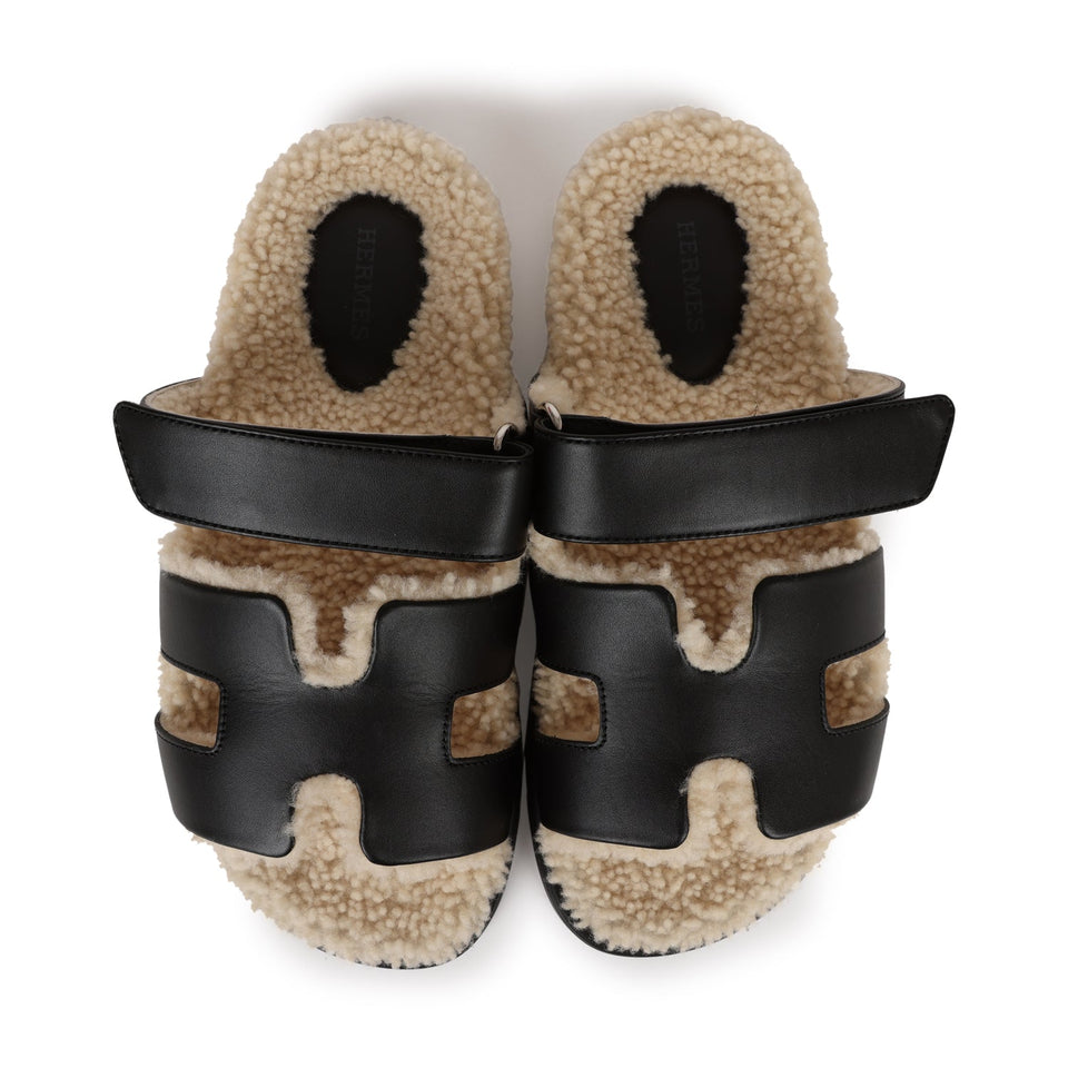 Hermes Chypre Techno Sandals Black and Ecru Shearling Palladium Hardware 37